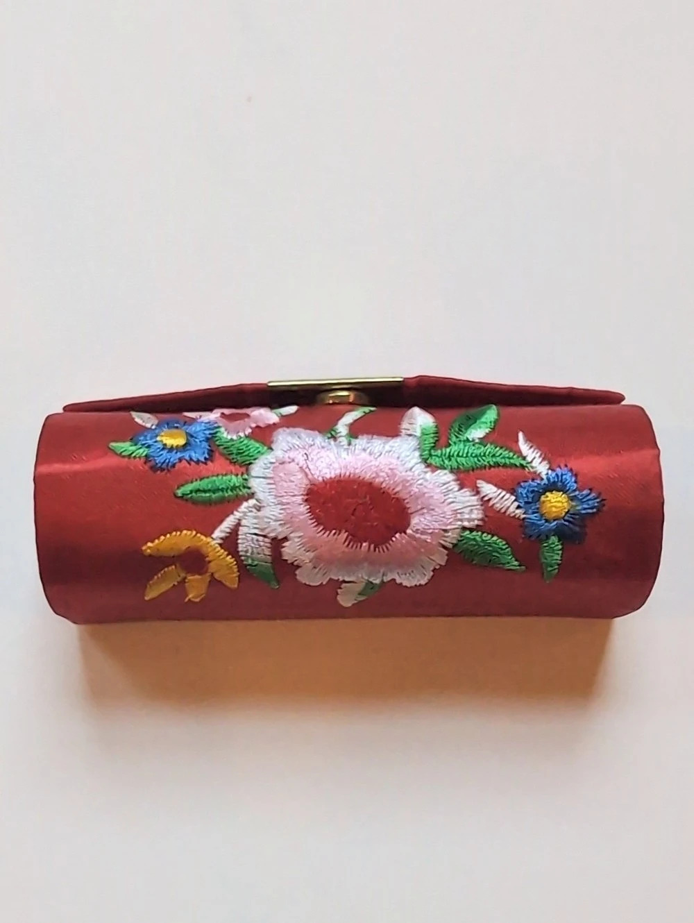 Red Silk Asian Floral Embroidered Lipstick Case With Mirror